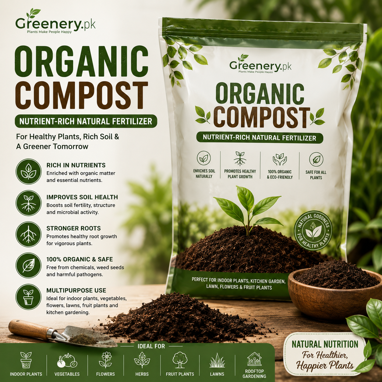Premium Organic Compost | Nutrient-Rich Natural Fertilizer for Indoor Plants, Lawn & Kitchen Gardening