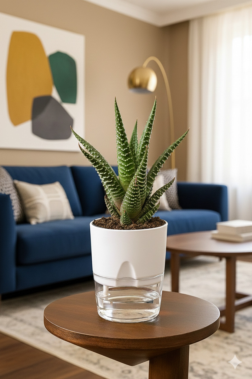 Haworthia Zebra Plant – Low Light Indoor Succulent With Self-Watering Pot [Round]